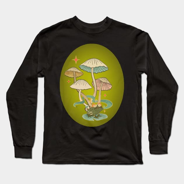 Vintage Mushrooms with Frog Long Sleeve T-Shirt by BellaPixel